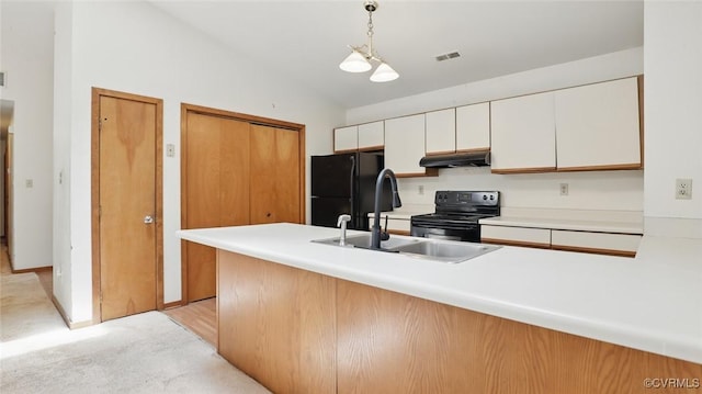 4804 Hackney Rd, Richmond, VA 23234 - kitchen featuring black appliances, under cabinet range hood, light carpet, white cabinetry, and hanging light fixtures
