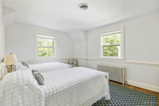 113 Tuckahoe Blvd, Richmond, VA 23226 - bedroom featuring radiator, wood finished floors, and vaulted ceiling