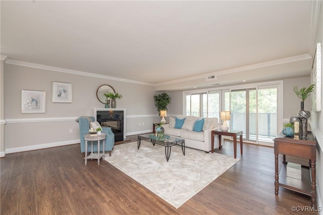2956 Hathaway Rd Unit U606, Richmond, VA 23225 - living area featuring crown molding, dark wood-style flooring, and a fireplace with flush hearth