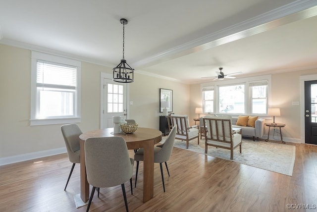 4806 Cutshaw Ave, Richmond, VA 23230 - dining space featuring crown molding, light wood-style flooring, plenty of natural light, and ceiling fan