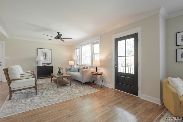 4806 Cutshaw Ave, Richmond, VA 23230 - living room with ornamental molding, light wood-style flooring, and a ceiling fan