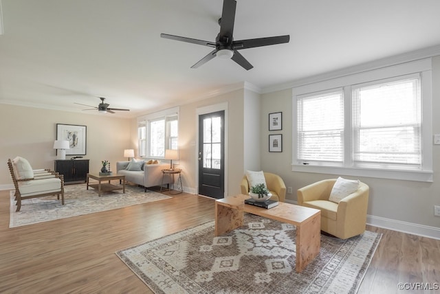 4806 Cutshaw Ave, Richmond, VA 23230 - living area featuring a ceiling fan, crown molding, and light wood-type flooring