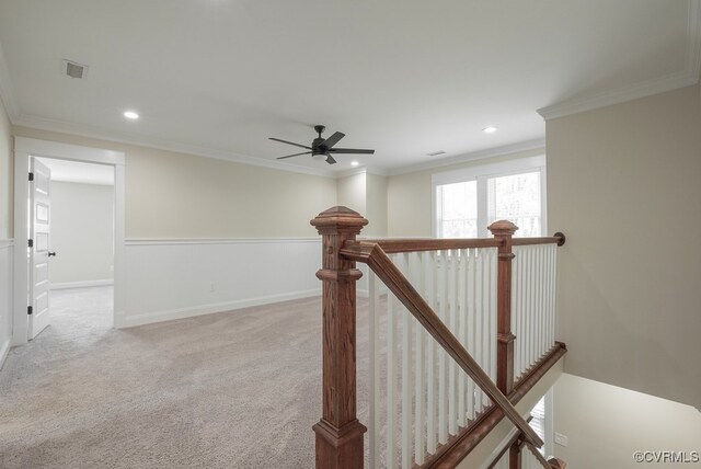 4806 Cutshaw Ave, Richmond, VA 23230 - staircase featuring a ceiling fan, carpet, recessed lighting, and crown molding