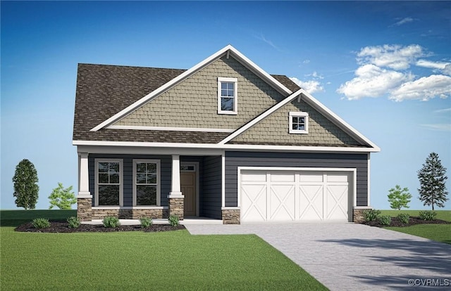 15730 Canoe Pointe Loop, Moseley, VA 23120 - craftsman-style home featuring a garage, stone siding, concrete driveway, a front lawn, and roof with shingles