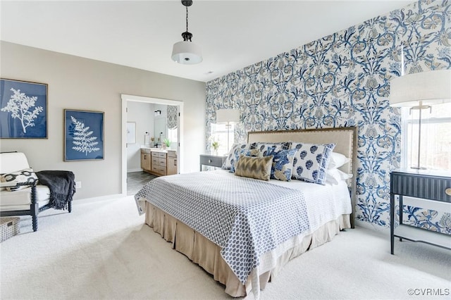 15730 Canoe Pointe Loop, Moseley, VA 23120 - bedroom with carpet flooring, wallpapered walls, multiple windows, and ensuite bath