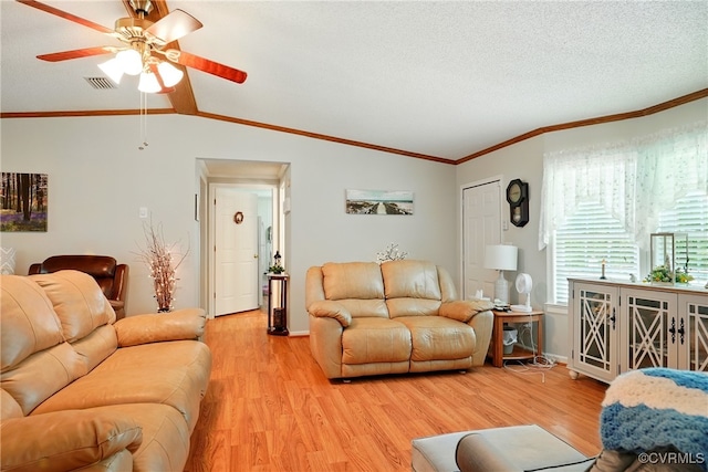 967 Ampthill Rd, Cartersville, VA 23027 - living room with ceiling fan, light wood-style flooring, crown molding, and vaulted ceiling
