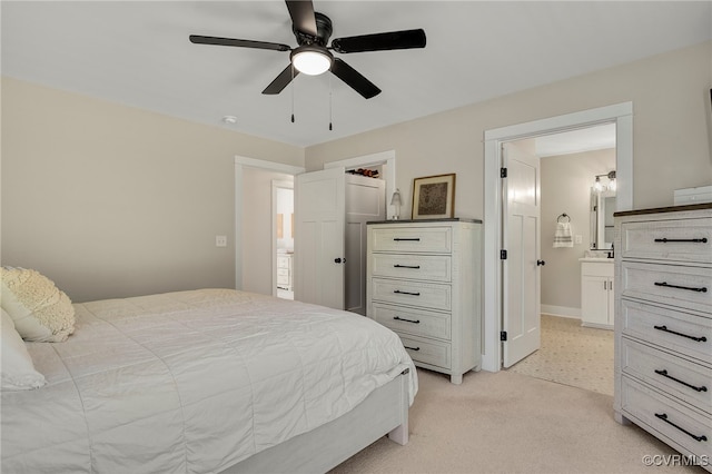 1380 Locust Hill Rd, Aylett, VA 23009 - bedroom with light carpet, ensuite bath, and ceiling fan