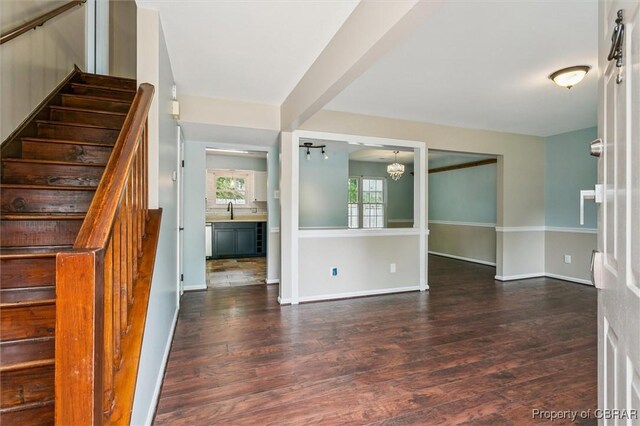 5 Hadley Pl, Newport News, VA 23608 - interior space featuring dark wood-style floors, stairs, and a chandelier