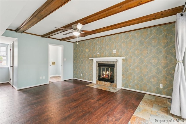 5 Hadley Pl, Newport News, VA 23608 - unfurnished living room with ceiling fan, wood finished floors, ornamental molding, beamed ceiling, and a high end fireplace