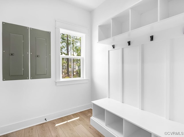 13513 Pinstone Ct, Midlothian, VA 23112 - mudroom featuring electric panel and light wood finished floors