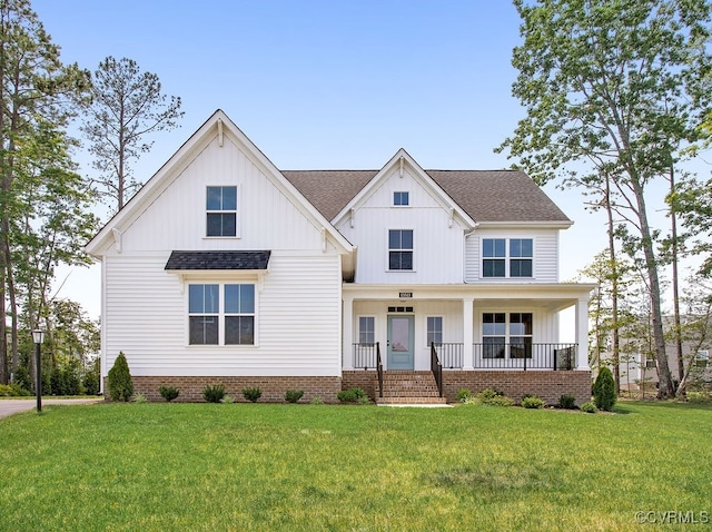 13513 Pinstone Ct, Midlothian, VA 23112 - modern inspired farmhouse featuring board and batten siding, a porch, a front yard, and roof with shingles