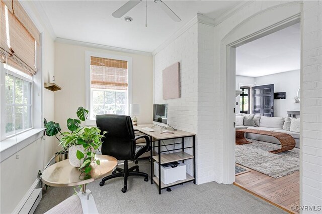 4508 Augusta Ave, Richmond, VA 23230 - carpeted office featuring a baseboard heating unit, plenty of natural light, ceiling fan, and crown molding