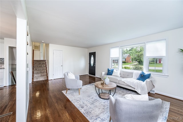8411 Freestone Ave, Henrico, VA 23229 - living room featuring stairway and dark wood-style flooring