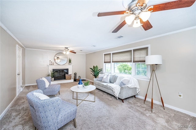 8411 Freestone Ave, Henrico, VA 23229 - living room with carpet, ceiling fan, a glass covered fireplace, and ornamental molding