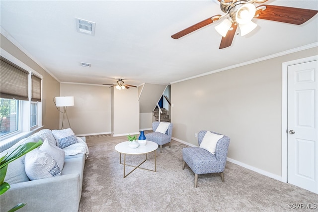 8411 Freestone Ave, Henrico, VA 23229 - carpeted living area featuring a ceiling fan and ornamental molding