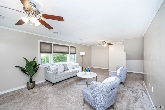 8411 Freestone Ave, Henrico, VA 23229 - carpeted living room featuring a ceiling fan and crown molding