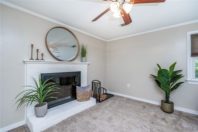 8411 Freestone Ave, Henrico, VA 23229 - unfurnished living room with carpet floors, crown molding, a fireplace, and a ceiling fan