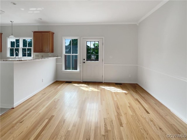 918 N 26th St, Richmond, VA 23223 - unfurnished living room with light wood-type flooring and ornamental molding