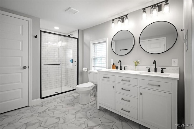 1508 N 29th St, Richmond, VA 23223 - bathroom with double vanity, a stall shower, and marble look tiles