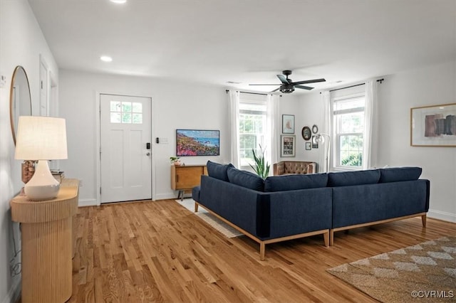 1508 N 29th St, Richmond, VA 23223 - living area with plenty of natural light, light wood-style flooring, a ceiling fan, and recessed lighting