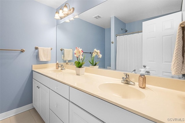 12829 Huntmaster Ln, Henrico, VA 23233 - full bath featuring double vanity, tile patterned flooring, and a shower with shower curtain