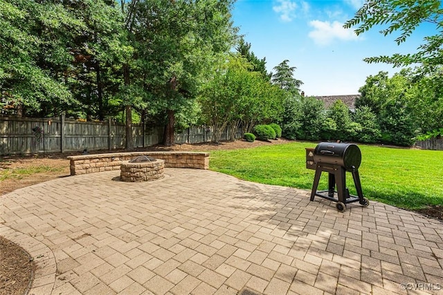 12829 Huntmaster Ln, Henrico, VA 23233 - fenced backyard featuring a fire pit, a patio area, and a grill