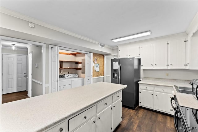 3401 Quail Hill Dr, Chesterfield, VA 23112 - kitchen with independent washer and dryer, stainless steel refrigerator with ice dispenser, crown molding, light countertops, and white cabinetry