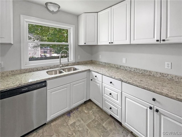 943 Barlen Dr, Richmond, VA 23225 - kitchen with stainless steel dishwasher, white cabinetry, and light stone counters