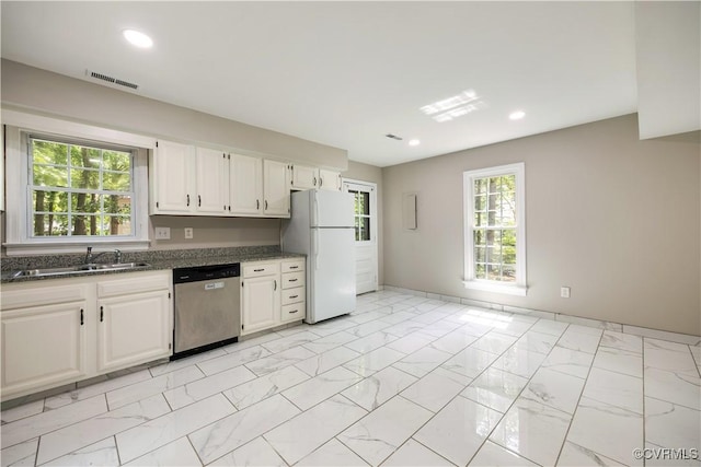 4605 Kingsrow Ct, Glen Allen, VA 23060 - kitchen with dishwasher, freestanding refrigerator, light marble finish floors, white cabinetry, and recessed lighting