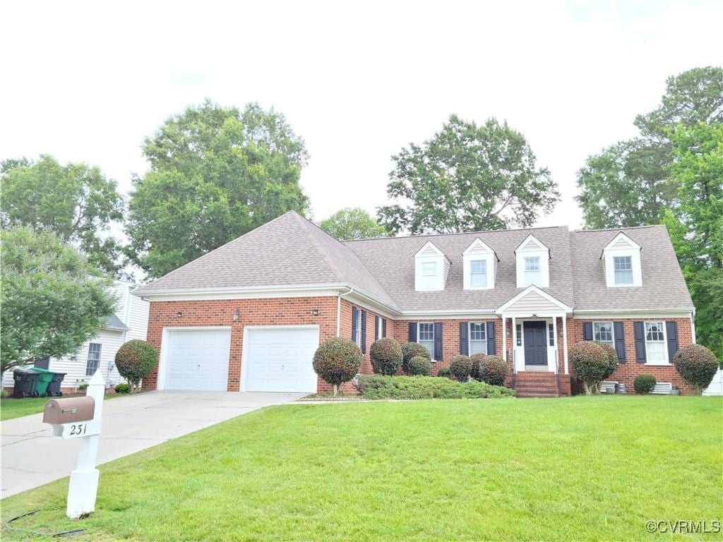 231 White Sand Ct, Colonial Heights, VA 23834 - cape cod house featuring brick siding, driveway, a garage, a front lawn, and a shingled roof