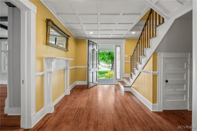 2644 Dorrell Rd, Aylett, VA 23009 - foyer entrance featuring wood finished floors, stairway, and coffered ceiling