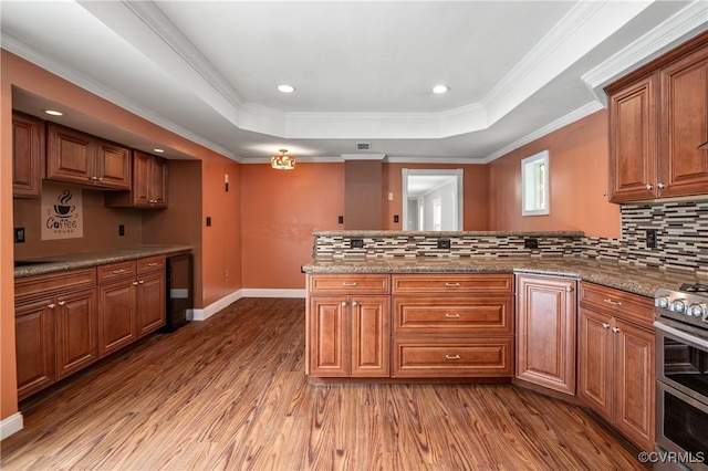 2644 Dorrell Rd, Aylett, VA 23009 - kitchen with double oven range, a tray ceiling, a peninsula, light wood finished floors, and tasteful backsplash
