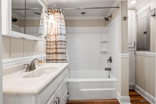 2644 Dorrell Rd, Aylett, VA 23009 - full bathroom featuring electric panel, wood finished floors, vanity, shower / bath combo with shower curtain, and crown molding