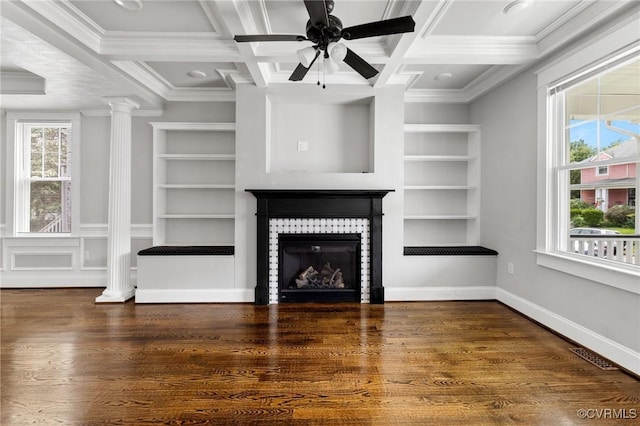 2805 Griffin Ave, Richmond, VA 23222 - unfurnished living room featuring ornamental molding, ceiling fan, coffered ceiling, a glass covered fireplace, and built in features