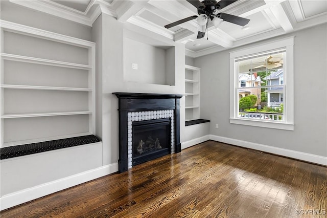 2805 Griffin Ave, Richmond, VA 23222 - unfurnished living room with coffered ceiling, crown molding, a fireplace, hardwood / wood-style flooring, and a ceiling fan
