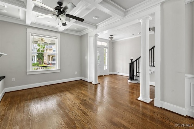 2805 Griffin Ave, Richmond, VA 23222 - unfurnished living room with ornate columns, wood finished floors, coffered ceiling, crown molding, and stairs