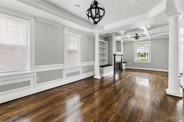 2805 Griffin Ave, Richmond, VA 23222 - unfurnished living room with ornate columns, a glass covered fireplace, a ceiling fan, built in shelves, and crown molding