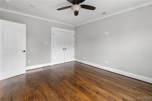 2805 Griffin Ave, Richmond, VA 23222 - unfurnished bedroom featuring wood finished floors, ornamental molding, a closet, and a ceiling fan