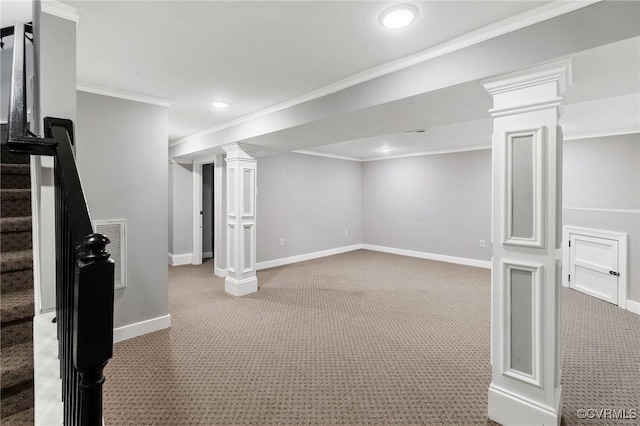 2805 Griffin Ave, Richmond, VA 23222 - finished basement with carpet flooring, ornamental molding, recessed lighting, and stairs