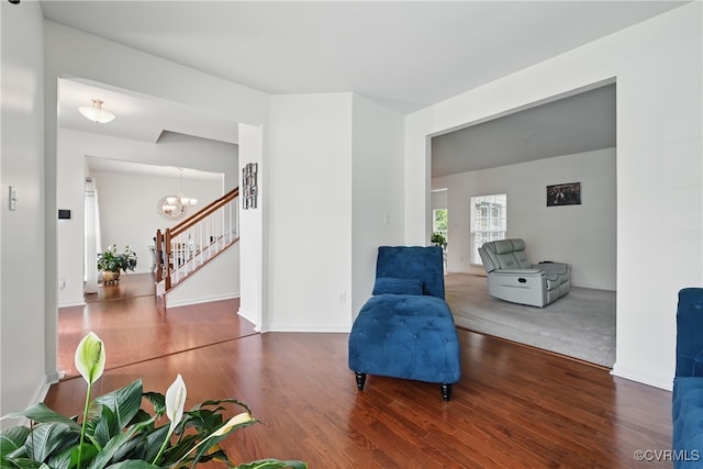 9206 Clovis St, Chesterfield, VA 23237 - sitting room with wood finished floors, a chandelier, and stairs
