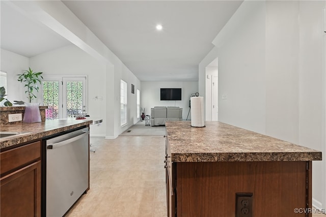 9206 Clovis St, Chesterfield, VA 23237 - kitchen with stainless steel dishwasher, a center island, open floor plan, dark countertops, and recessed lighting