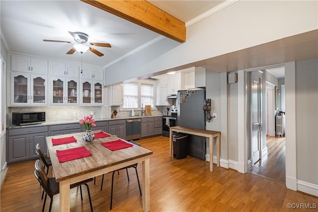 5013 Caledonia Rd, Richmond, VA 23225 - kitchen with gray cabinets, stainless steel appliances, backsplash, ceiling fan, and beamed ceiling