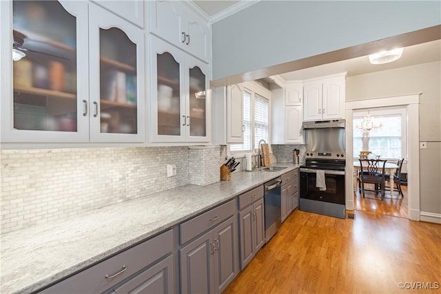 5013 Caledonia Rd, Richmond, VA 23225 - kitchen featuring stainless steel appliances, gray cabinetry, white cabinets, light wood-style floors, and crown molding