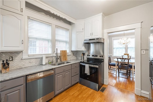 5013 Caledonia Rd, Richmond, VA 23225 - kitchen featuring appliances with stainless steel finishes, gray cabinetry, light wood finished floors, and a chandelier