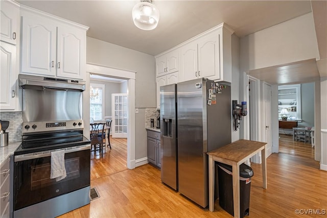 5013 Caledonia Rd, Richmond, VA 23225 - kitchen featuring stainless steel appliances, under cabinet range hood, white cabinets, light wood-style flooring, and decorative backsplash