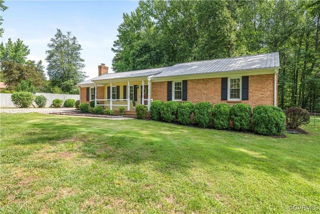 14410 Ranger Rd, Chesterfield, VA 23838 - ranch-style house featuring covered porch, a chimney, brick siding, and a metal roof