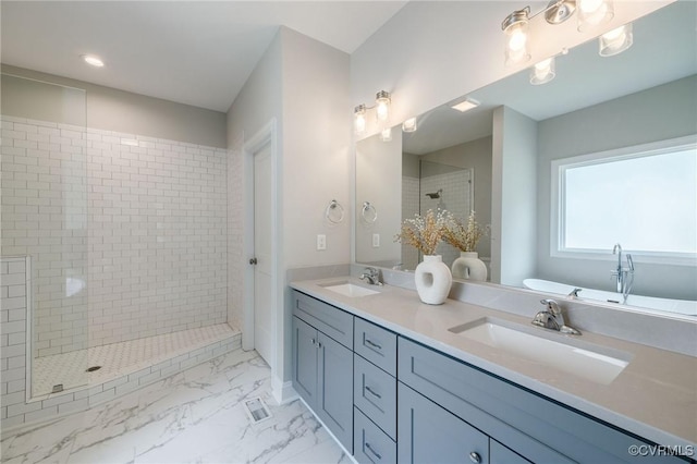 100 Heron Run Dr, Colonial Heights, VA 23834 - full bathroom featuring double vanity, a freestanding bath, a tile shower, and marble finish flooring