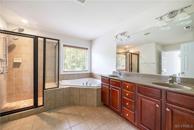 706 Colony Oak Ln, Midlothian, VA 23114 - bathroom with a bath, a stall shower, tile patterned flooring, and double vanity