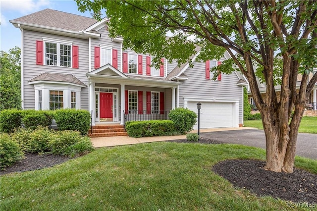 706 Colony Oak Ln, Midlothian, VA 23114 - traditional home with driveway, an attached garage, a shingled roof, a front lawn, and a porch