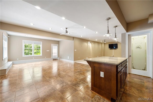 706 Colony Oak Ln, Midlothian, VA 23114 - kitchen featuring open floor plan, ceiling fan, recessed lighting, decorative light fixtures, and light stone countertops